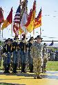 Col. Douglas Gabram, chief of staff for the 1st Cavalry Division, presents the colors, officers, noncommissioned officers, and Soldiers to the command during the division’s change of command ceremony June 14, on Cooper Field. 